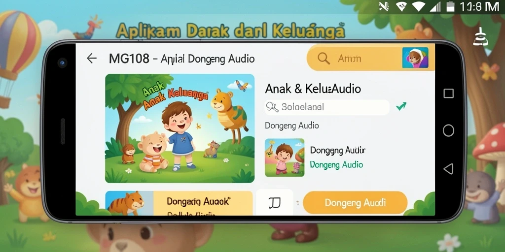 Antarmuka aplikasi MG108 menampilkan berbagai pilihan dongeng audio.